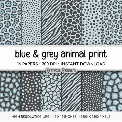 Slate Blue & Moonstone Gray Animal Print Digital Paper - Leopard Cheetah Zebra Tiger Backgrounds for Scrapbooks
