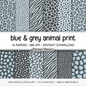 Slate Blue & Moonstone Gray Animal Print Digital Paper - Leopard Cheetah Zebra Tiger Backgrounds for Scrapbooks