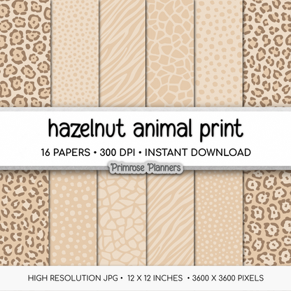 Hazelnut Tan Animal Print Digital Paper - Warm Brown Leopard Cheetah Zebra Giraffe Tiger Backgrounds for Scrapbooking & Crafts