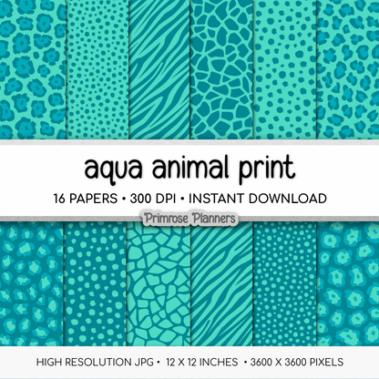 Aqua and Teal Animal Print Digital Paper Pack - Blue Green Leopard Cheetah Zebra Tiger Backgrounds for Scrapbooking & Crafts