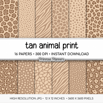 Tan and Brown Animal Print Digital Paper - Earthy Leopard Cheetah Zebra Giraffe Tiger Backgrounds for Scrapbooking