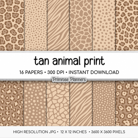 Tan and Brown Animal Print Digital Paper - Earthy Leopard Cheetah Zebra Giraffe Tiger Backgrounds for Scrapbooking