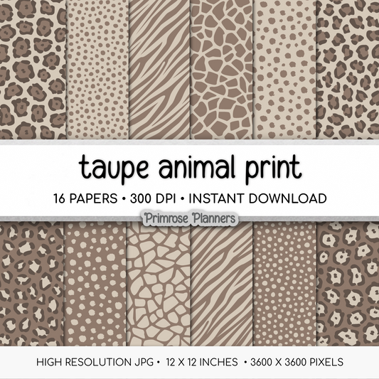 Taupe Greige Animal Print Digital Paper Pack - Neutral Leopard Cheetah Zebra Tiger Backgrounds for Scrapbooking & DIY Crafts
