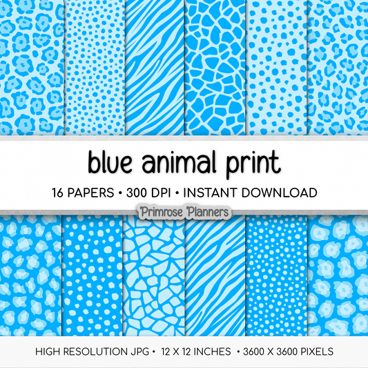 Bright Blue Animal Print Digital Paper Pack - Vivid Cobalt Leopard Cheetah Zebra Giraffe Tiger Backgrounds for Scrapbooking & Crafts