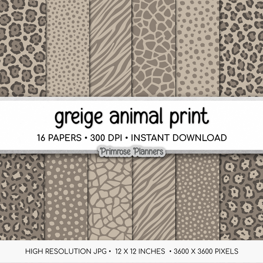 Greige Taupe Animal Print Digital Paper - Putty Leopard Cheetah Zebra Giraffe Tiger Backgrounds for Crafts &amp; Scrapbooks