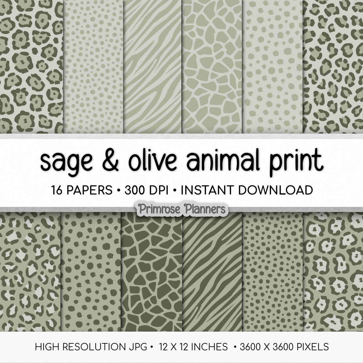 Sage & Olive Green Animal Print Digital Paper - Earthy Leopard Cheetah Zebra Tiger Giraffe Backgrounds for Scrapbooks & Crafts