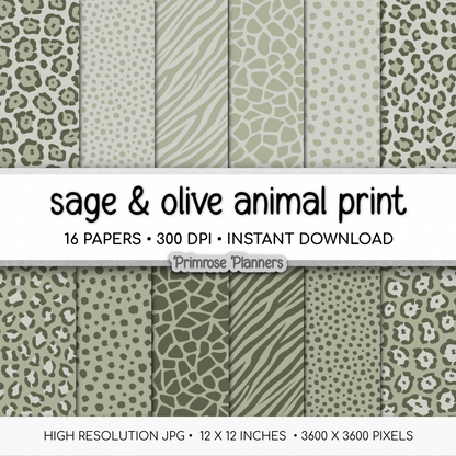 Sage & Olive Green Animal Print Digital Paper - Earthy Leopard Cheetah Zebra Tiger Giraffe Backgrounds for Scrapbooks & Crafts