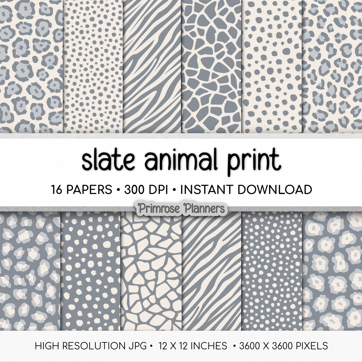 Slate and Cream Animal Print Digital Paper - Blue Grey Leopard Cheetah Zebra Giraffe Tiger Backgrounds for Crafts & Scrapbooks