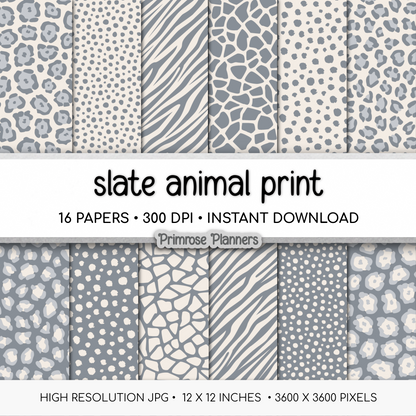 Slate and Cream Animal Print Digital Paper - Blue Grey Leopard Cheetah Zebra Giraffe Tiger Backgrounds for Crafts & Scrapbooks