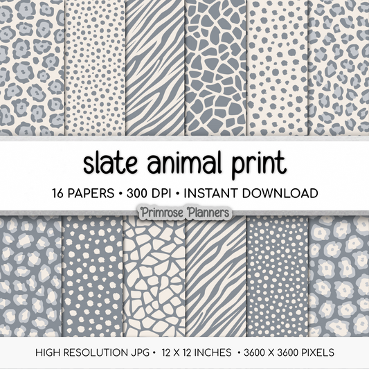 Slate and Cream Animal Print Digital Paper - Blue Grey Leopard Cheetah Zebra Giraffe Tiger Backgrounds for Crafts & Scrapbooks
