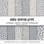 Slate and Cream Animal Print Digital Paper - Blue Grey Leopard Cheetah Zebra Giraffe Tiger Backgrounds for Crafts & Scrapbooks
