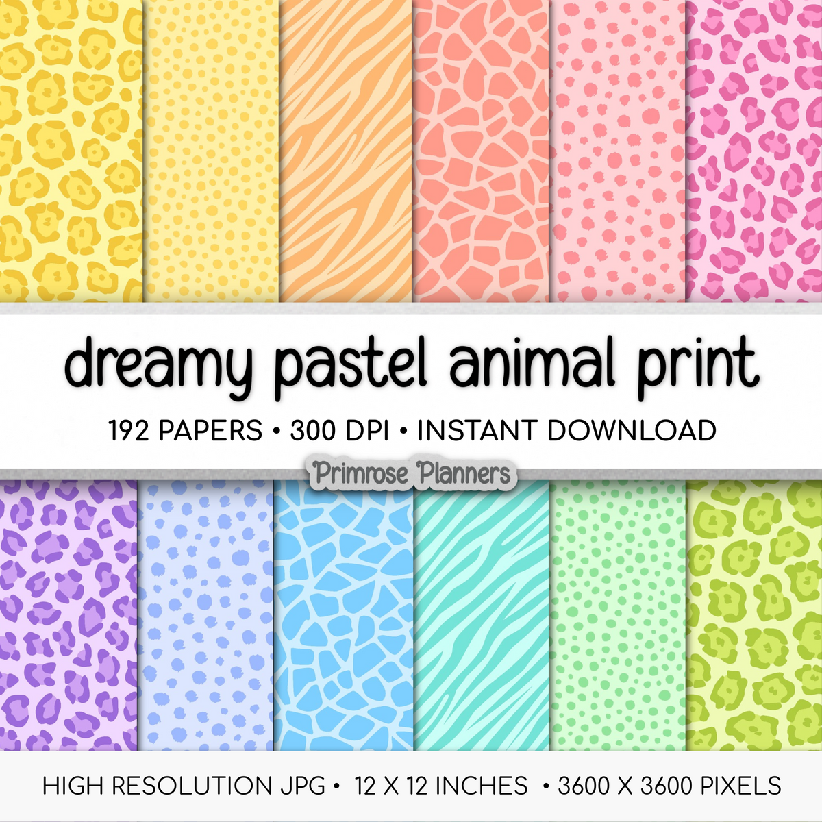 Dreamy Pastel Animal Print Digital Paper, Rainbow Safari Background Bundle, Colorful Leopard Cheetah Zebra Tiger Spots Scrapbook