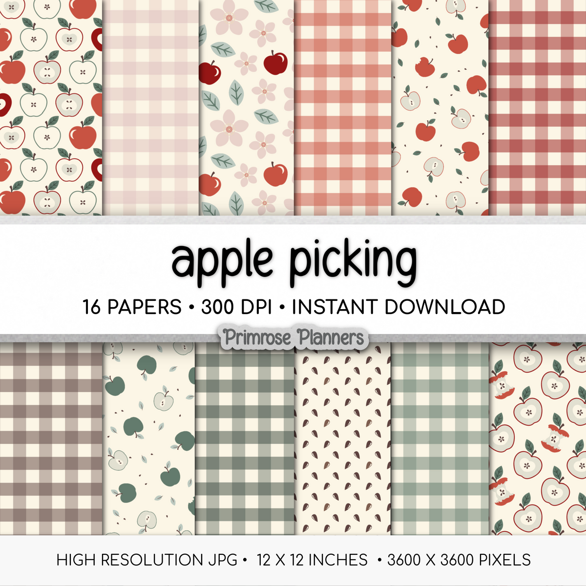 Apple Picking Scrapbook Paper, Cute Fall Floral Digital Paper, Red Green Autumn Gingham Backgrounds, Orchard Plaid Paper Set