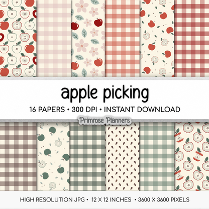 Apple Picking Scrapbook Paper, Cute Fall Floral Digital Paper, Red Green Autumn Gingham Backgrounds, Orchard Plaid Paper Set