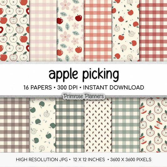 Apple Picking Scrapbook Paper, Cute Fall Floral Digital Paper, Red Green Autumn Gingham Backgrounds, Orchard Plaid Paper Set