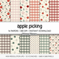 Apple Picking Scrapbook Paper, Cute Fall Floral Digital Paper, Red Green Autumn Gingham Backgrounds, Orchard Plaid Paper Set