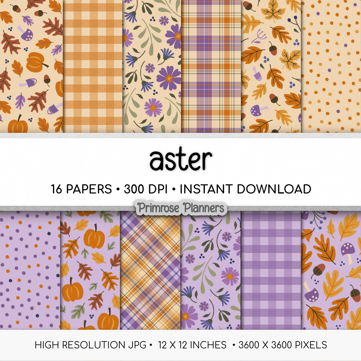 Cozy Fall Digital Paper Bundle, Purple Orange Mustard Patterns, Seamless Plaid Pumpkin Mushroom Backgrounds for Planner & Scrapbook