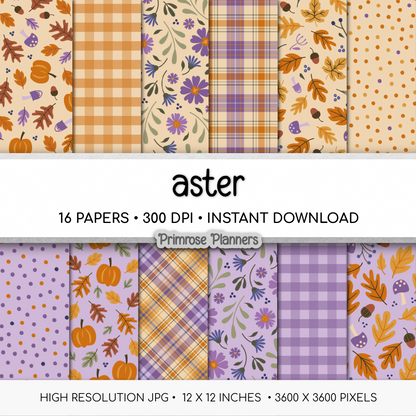Cozy Fall Digital Paper Bundle, Purple Orange Mustard Patterns, Seamless Plaid Pumpkin Mushroom Backgrounds for Planner & Scrapbook