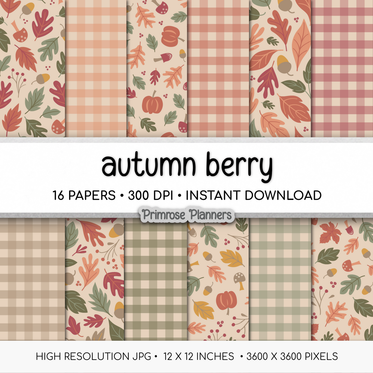 Muted Autumn Berry Scrapbook Paper, Cute Fall Pumpkin Acorn Pattern, Dusty Pink Olive Gingham Background, Thanksgiving Paper