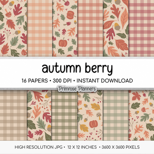 Muted Autumn Berry Scrapbook Paper, Cute Fall Pumpkin Acorn Pattern, Dusty Pink Olive Gingham Background, Thanksgiving Paper