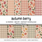 Muted Autumn Berry Scrapbook Paper, Cute Fall Pumpkin Acorn Pattern, Dusty Pink Olive Gingham Background, Thanksgiving Paper