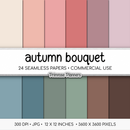 Solid Digital Paper Autumn Bouquet | Fall Floral Palette | Mauve, Teal, Orange, Muted Blue | Plain Cardstock