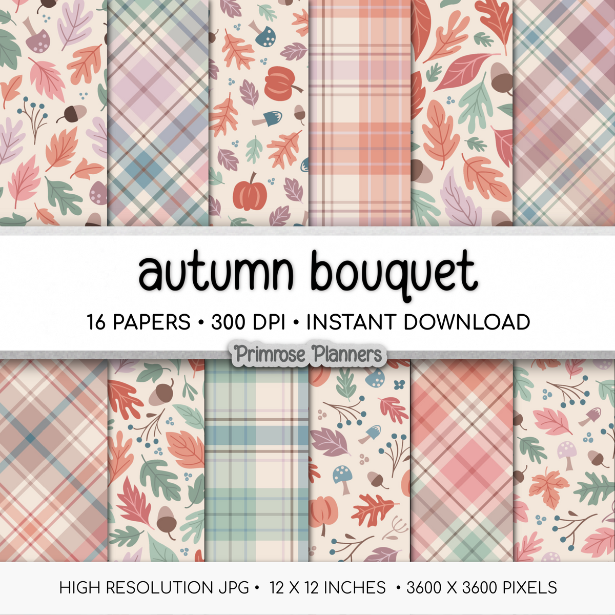 Soft Fall Digital Paper, Autumn Bouquet Patterns, Pastel Teal Mauve Plaid Backgrounds, Cute Thanksgiving Paper Pack