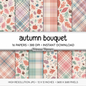 Soft Fall Digital Paper, Autumn Bouquet Patterns, Pastel Teal Mauve Plaid Backgrounds, Cute Thanksgiving Paper Pack