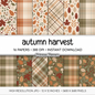 Autumn Harvest Scrapbook Paper, Rustic Fall Botanical Backgrounds, Earth Tone Plaid Prints, Cozy Neutral Digital Paper Sets