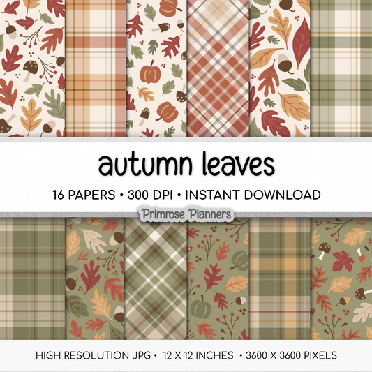 Autumn Leaves Scrapbook Paper, Earthy Fall Botanical Digital Paper Pack, Rustic Sage Green Plaid Prints, Cozy Neutral Backgrounds