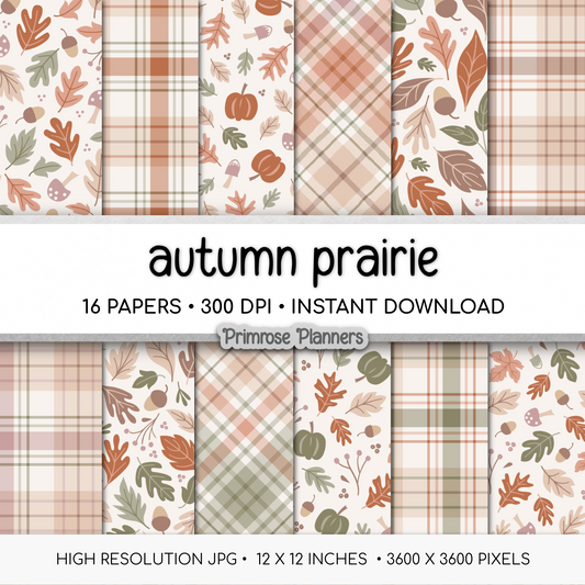 Muted Autumn Digital Paper Pack, Prairie Fall Botanical Backgrounds, Earth Tone Plaid Prints, Cozy Neutral Scrapbook Paper