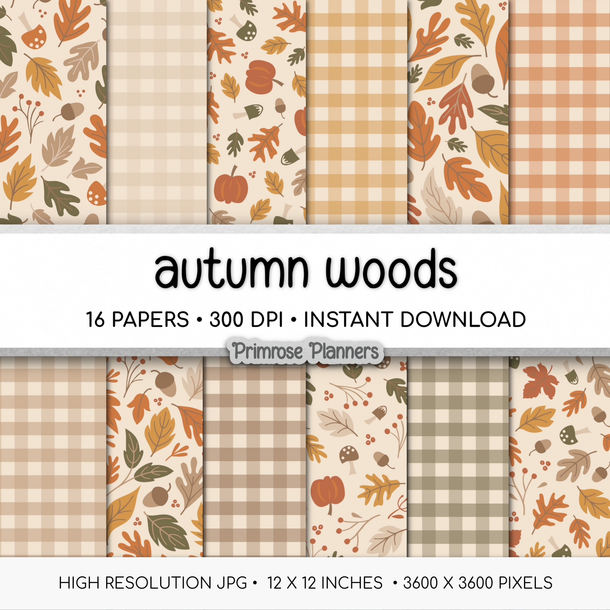 Neutral Autumn Woods Paper, Cozy Fall Leaves Acorn Pattern, Beige Brown Plaid Backgrounds, Earthy Thanksgiving Digital Paper
