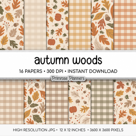 Neutral Autumn Woods Paper, Cozy Fall Leaves Acorn Pattern, Beige Brown Plaid Backgrounds, Earthy Thanksgiving Digital Paper