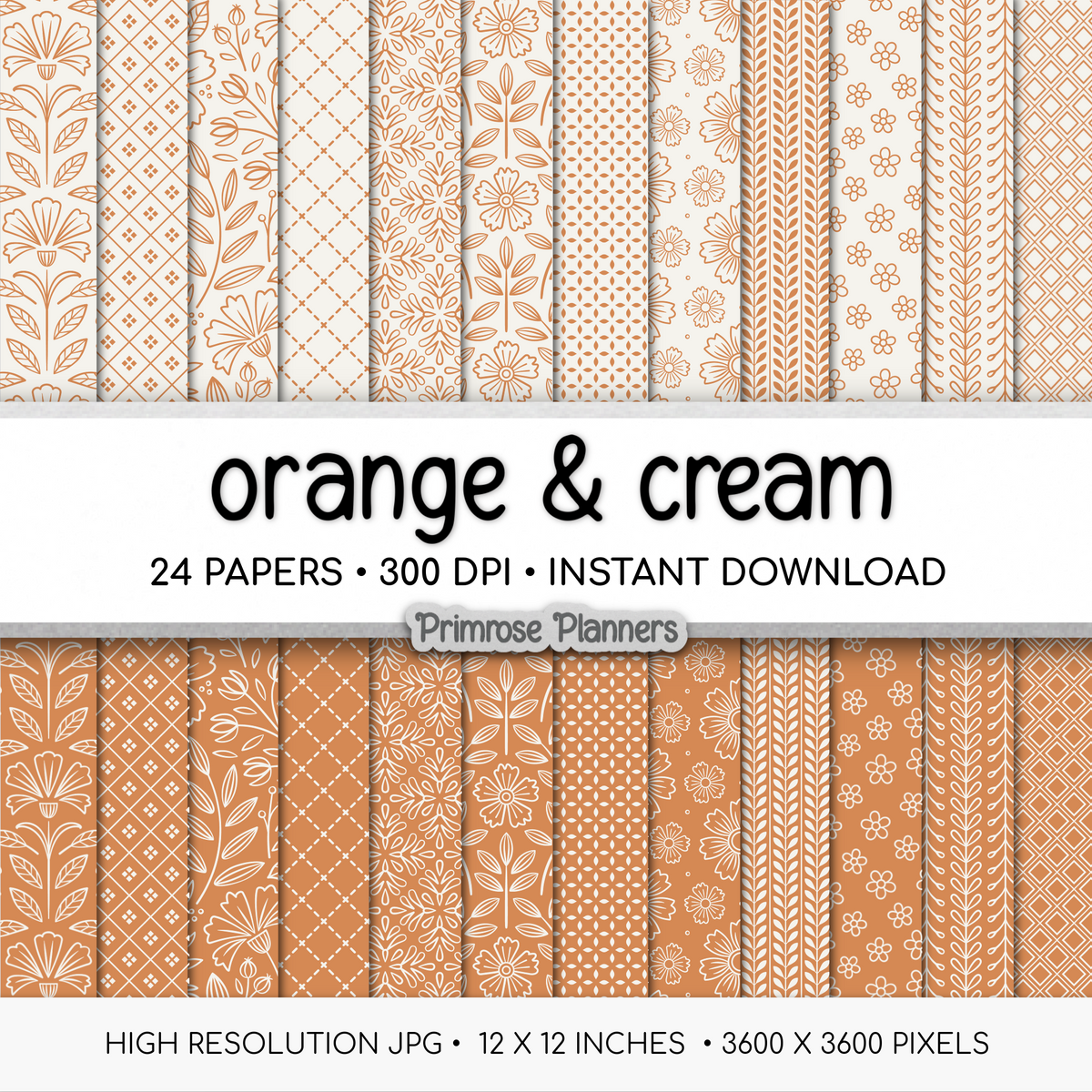 Basic Orange Digital Papers, Cream Fall Floral Collection, Autumn Leaf Scrapbook Backgrounds, Geometric Instant Download