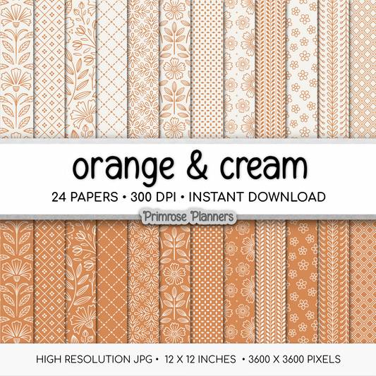 Basic Orange Digital Papers, Cream Fall Floral Collection, Autumn Leaf Scrapbook Backgrounds, Geometric Instant Download