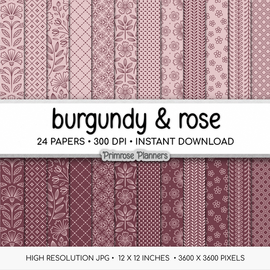 Burgundy & Rose Printable Paper | 24 Geometric & Floral Designs for Scrapbooking | Boho Wedding Invitations Digital Backgrounds Instant Download