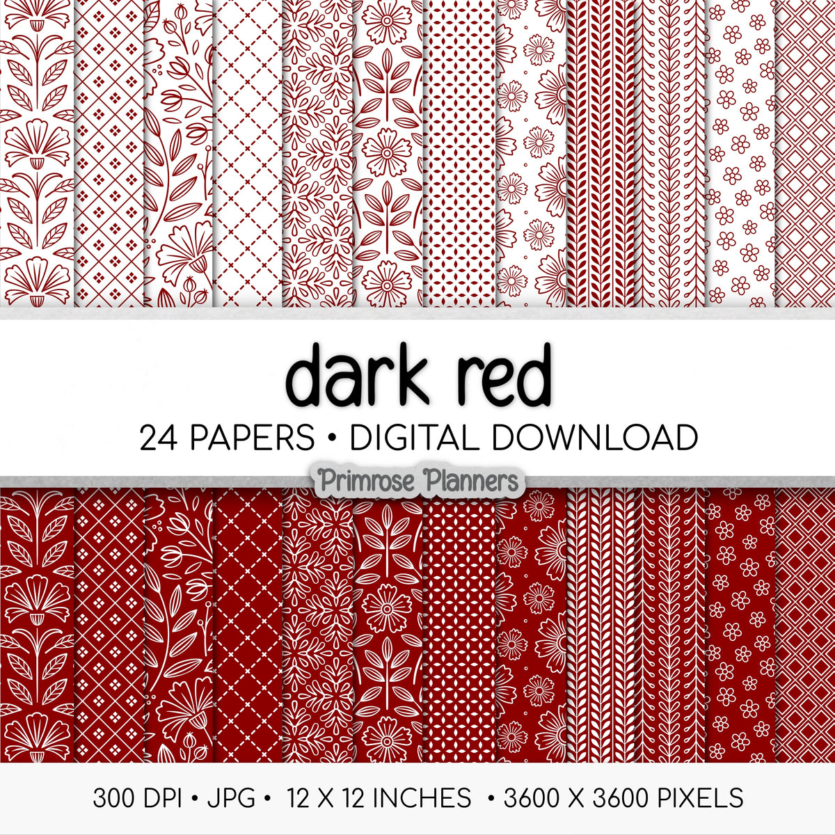 Dark Red Digital Paper | Scandi Botanical & Bold Geometric | Folk Art Floral Printables | Junk Journal Pages