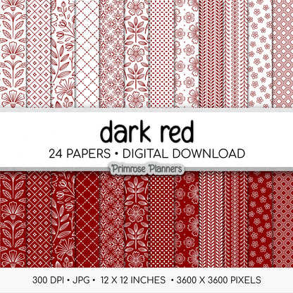 Dark Red Digital Paper | Scandi Botanical & Bold Geometric | Folk Art Floral Printables | Junk Journal Pages