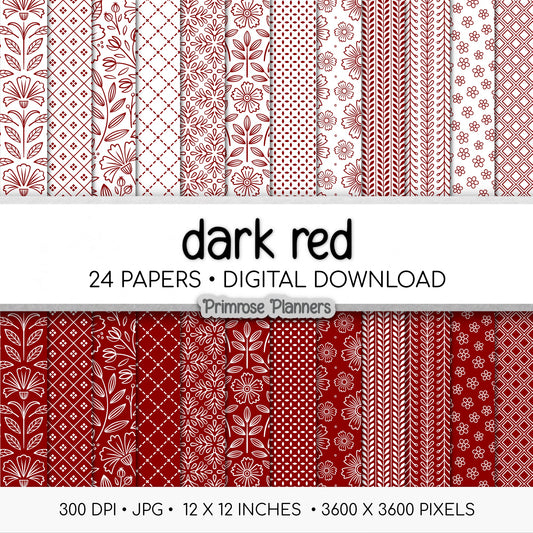 Dark Red Digital Paper | Scandi Botanical & Bold Geometric | Folk Art Floral Printables | Junk Journal Pages