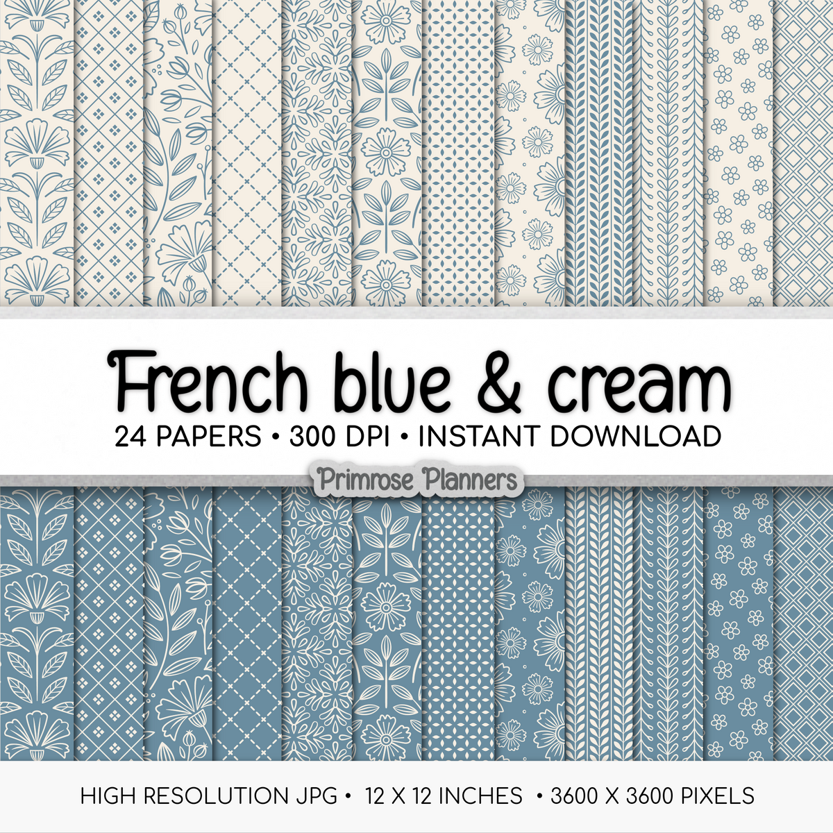 French Blue Cream Printable Paper | 24 Geometric & Floral Designs for Scrapbooking | Boho Wedding Invite Digital Backgrounds Download