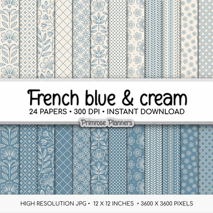 French Blue Cream Printable Paper | 24 Geometric & Floral Designs for Scrapbooking | Boho Wedding Invite Digital Backgrounds Download