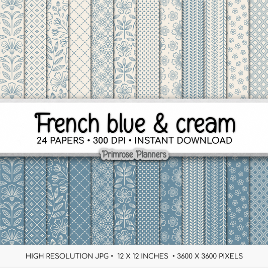 French Blue Cream Printable Paper | 24 Geometric & Floral Designs for Scrapbooking | Boho Wedding Invite Digital Backgrounds Download