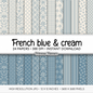 French Blue Cream Printable Paper | 24 Geometric & Floral Designs for Scrapbooking | Boho Wedding Invite Digital Backgrounds Download