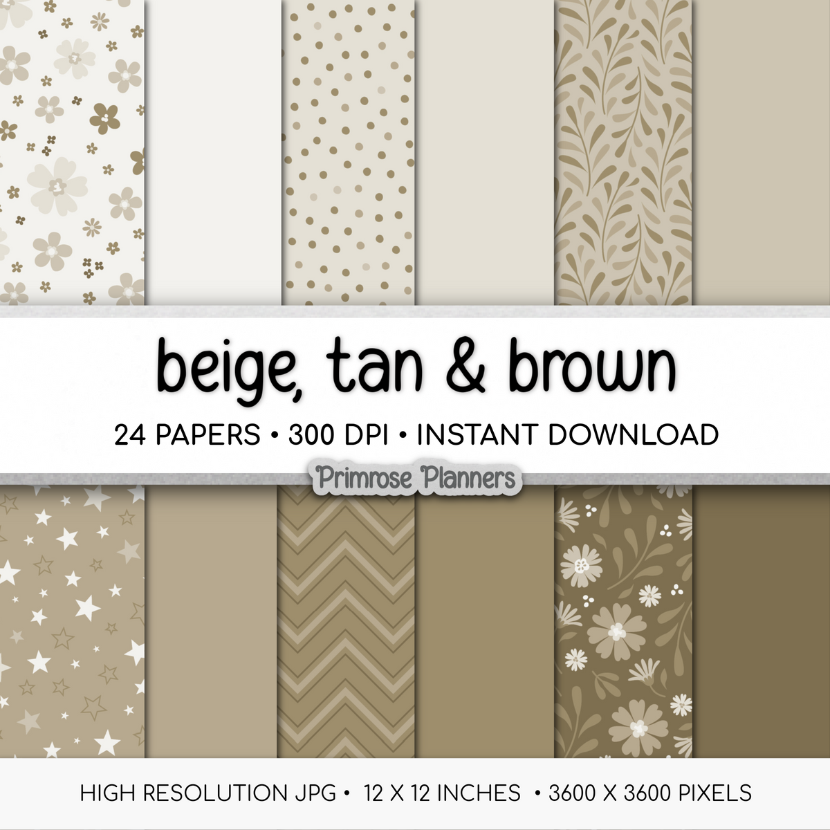 Beige Tan & Brown Digital Paper, Neutral Floral Scrapbook Backgrounds, Earth Tone Star & Chevron Patterns, Minimalist Pages