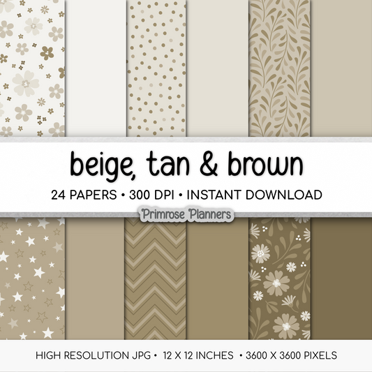 Beige Tan & Brown Digital Paper, Neutral Floral Scrapbook Backgrounds, Earth Tone Star & Chevron Patterns, Minimalist Pages