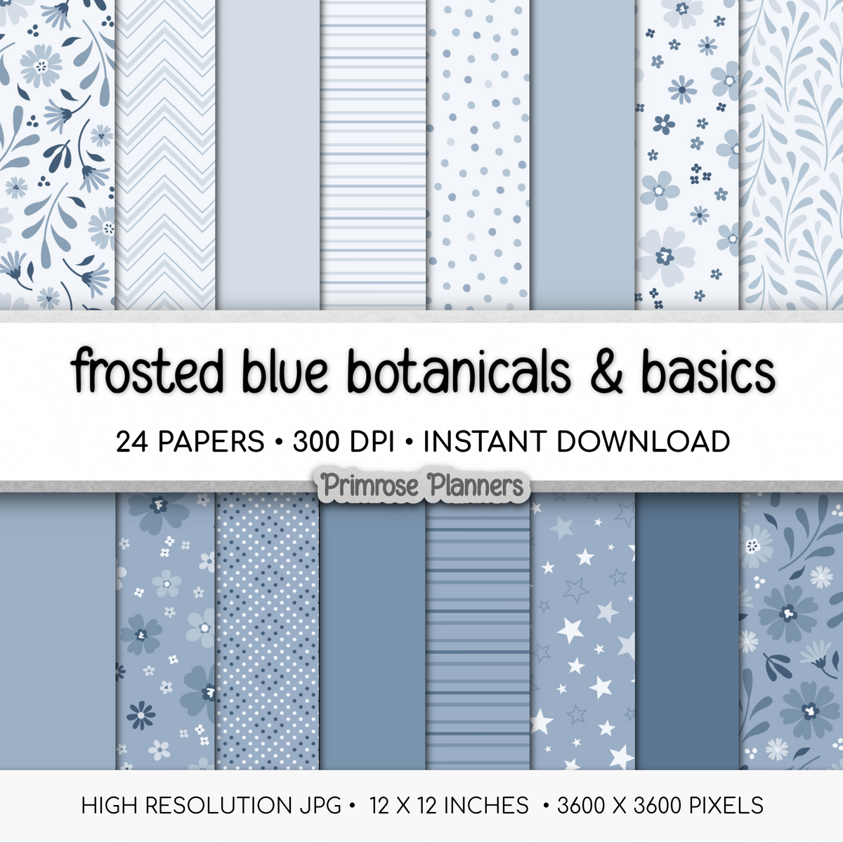 Frosted Blue Botanical Digital Paper, Slate Floral Scrapbook Backgrounds, Icy Star & Chevron Patterns, Minimalist Pages