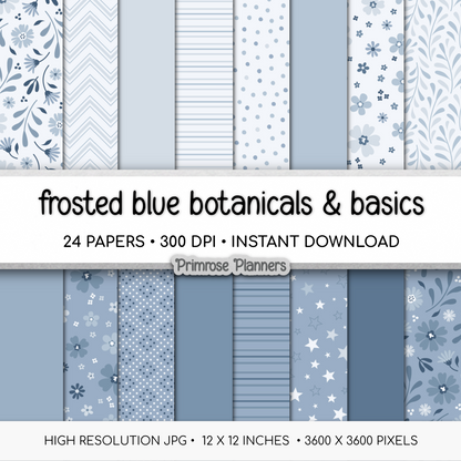 Frosted Blue Botanical Digital Paper, Slate Floral Scrapbook Backgrounds, Icy Star & Chevron Patterns, Minimalist Pages