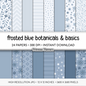 Frosted Blue Botanical Digital Paper, Slate Floral Scrapbook Backgrounds, Icy Star & Chevron Patterns, Minimalist Pages