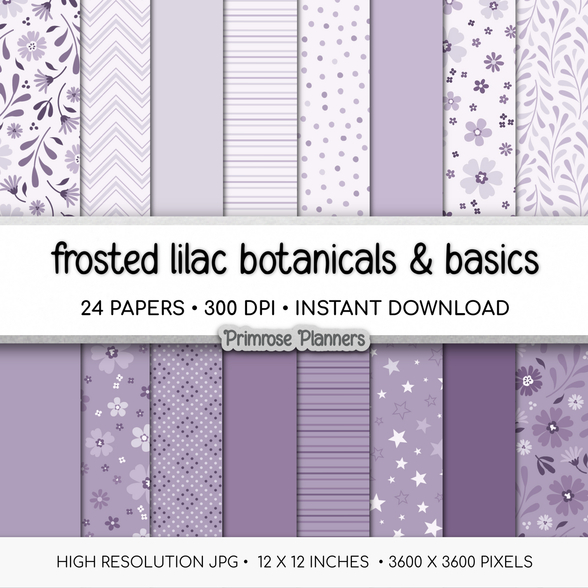 Frosted Lilac Botanical Digital Paper, Muted Purple Floral Scrapbook Backgrounds, Lavender Star & Chevron Patterns, Minimalist Pages