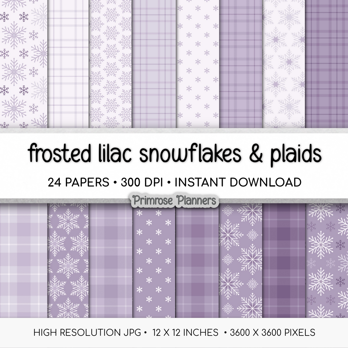 Frosted Lilac Snowflake Digital Paper, Purple Plaid Winter Scrapbook Backgrounds, Lavender Holiday Patterns, Cozy Grid Pages